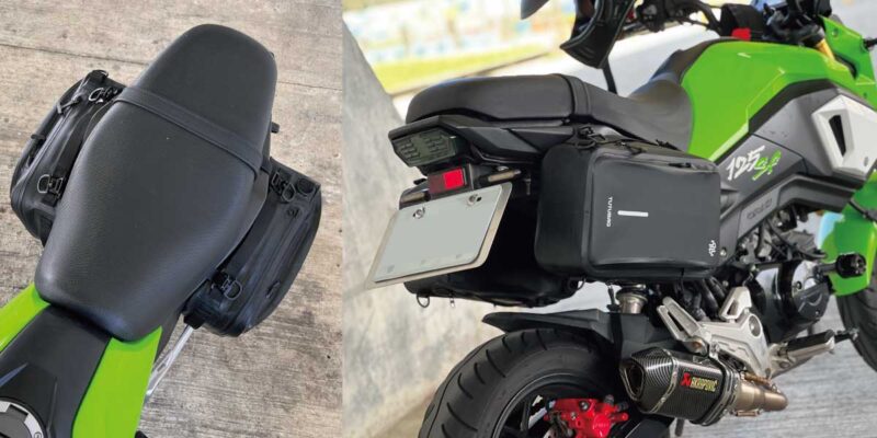 TUTUBAG防水單肩包安裝於機車兩側，展現其穩固的馬鞍包設計，提供穩定存放空間。
