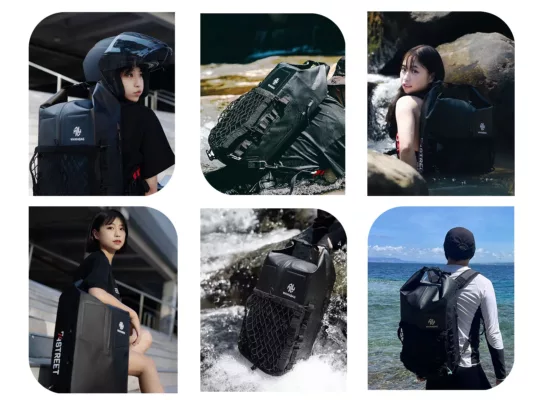 WAWABAG 2的各種使用情境：騎車出遊、通勤、海邊玩水、朔溪，重機後背包、防水後背包，提供極致防護，適合各種天候使用。